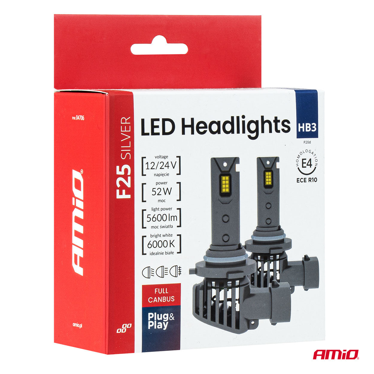 LED-ajovalot Sarja F25 SILVER FULL CANBUS HB3 9005 52W 12V 24V AMIO-04706