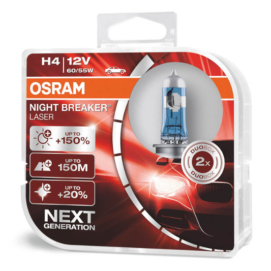 Halogeenipolttimo OSRAM H4 12 V 60/55 W P43T Night Breaker Laser +150% 2 kpl
